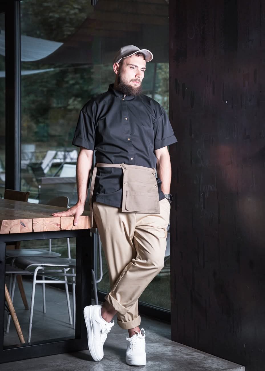 Complete bespoke set — black chef shirt, apron and trousers